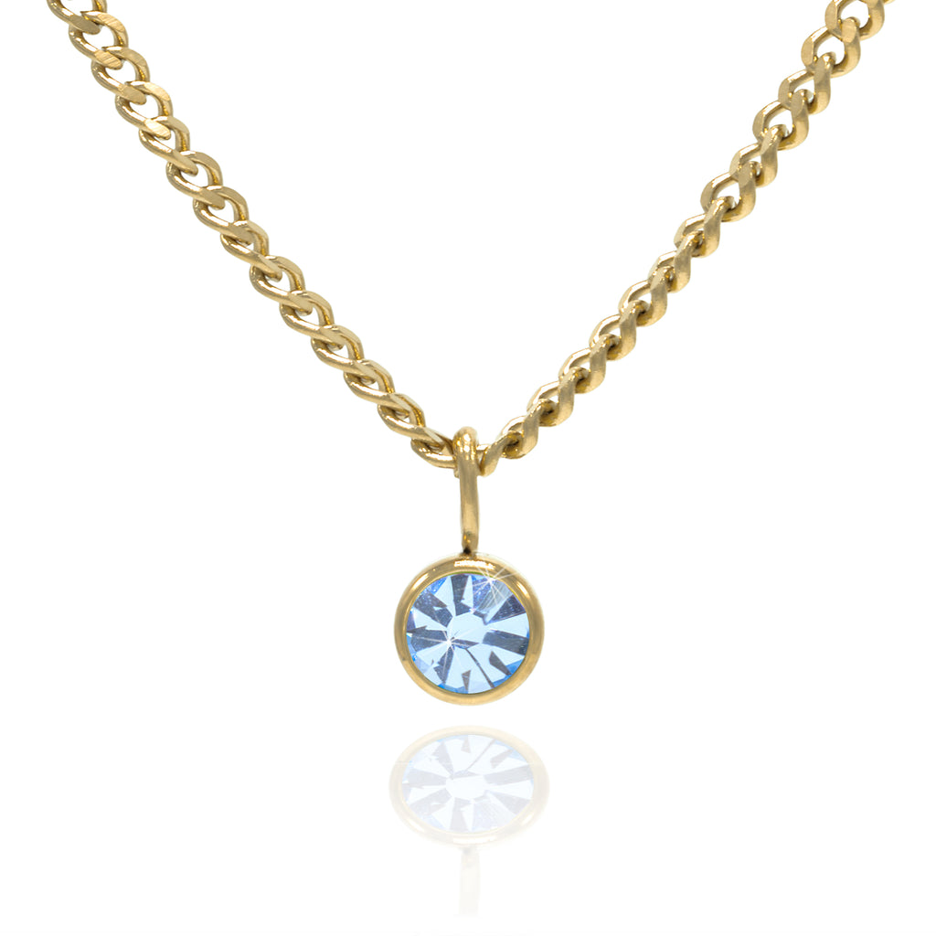 A gold-colored stainless steel birthstone charm necklace with a single blue charm pendant on a chain.