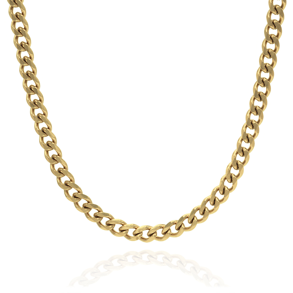 A gold-coloured Cuban chain necklace displayed against a white background.