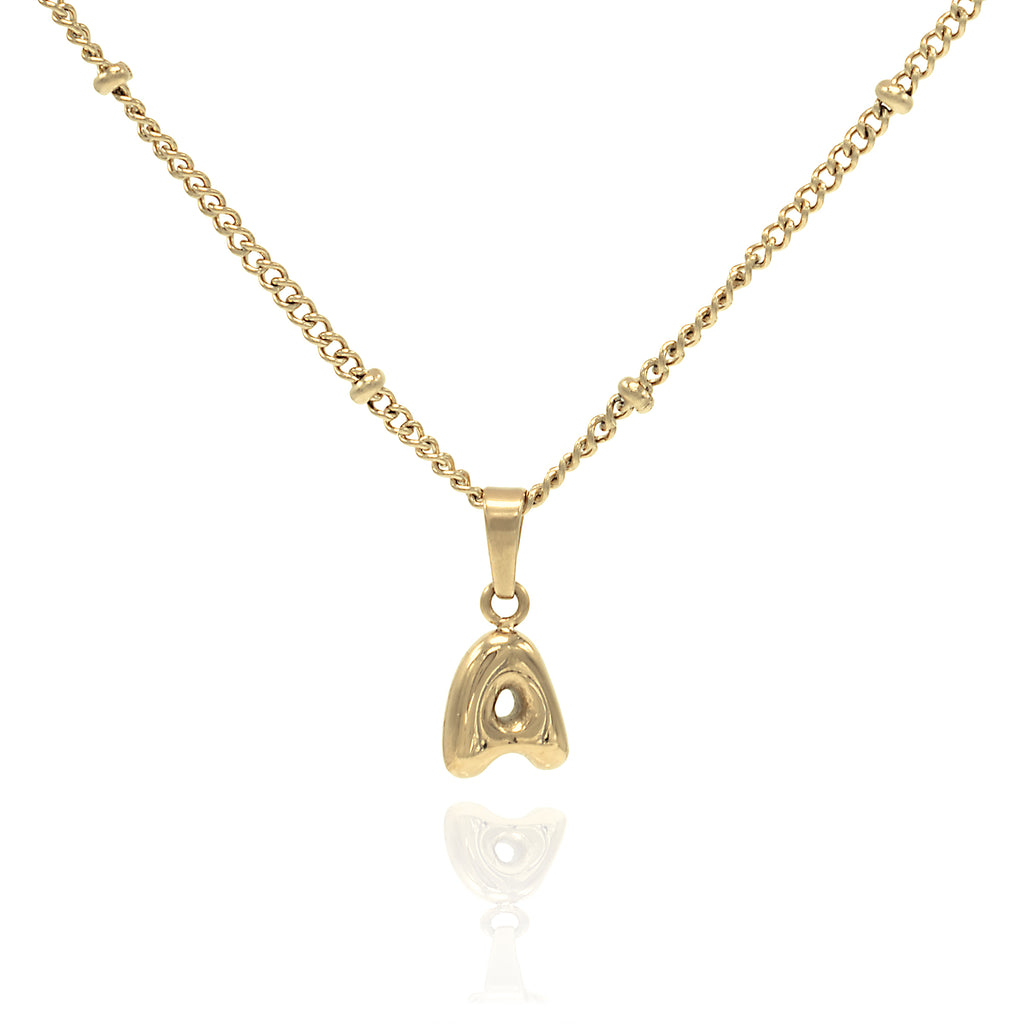 Gold beaded chain with mini bubble initial charm