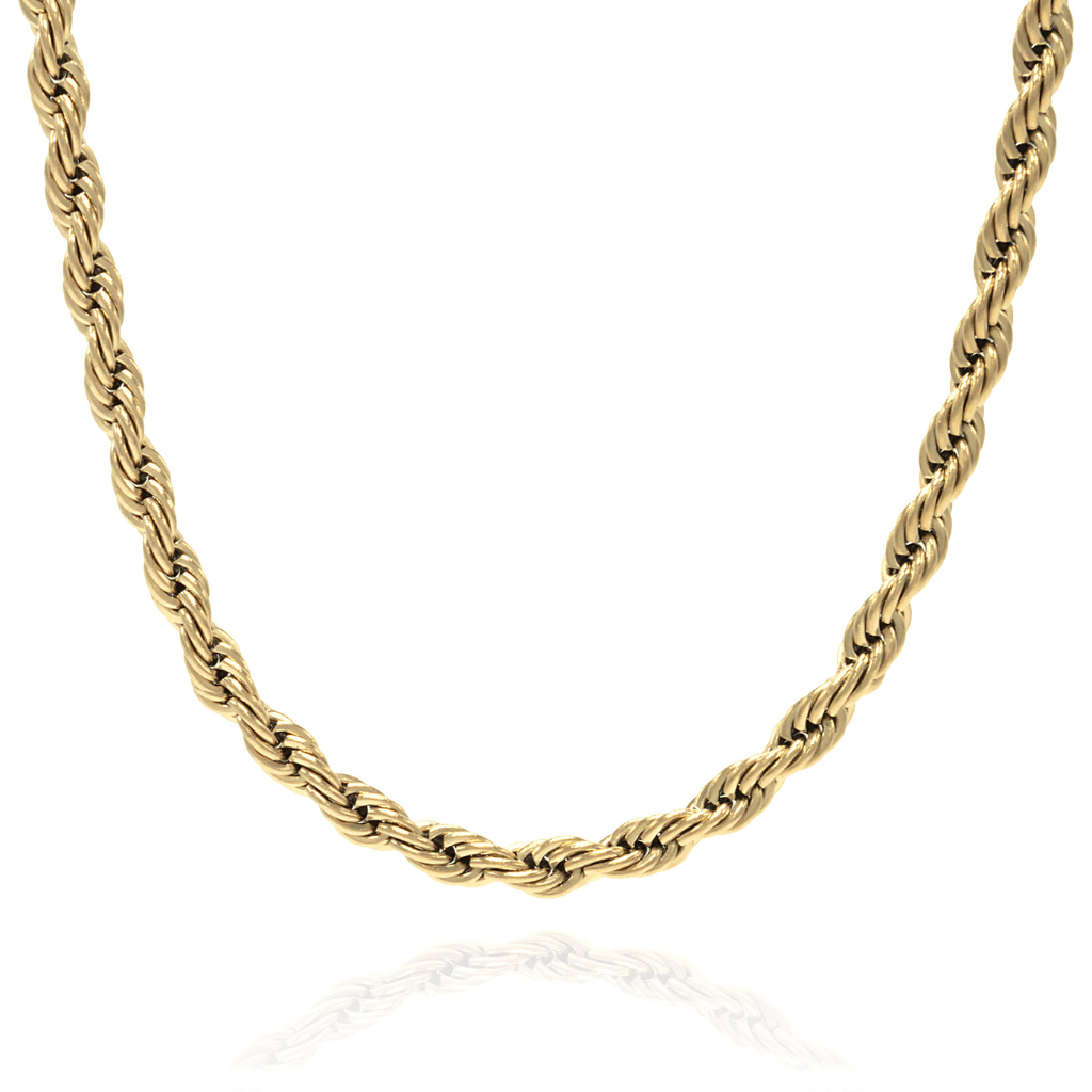 A gold coloured rope chain necklace with a length of 38cm plus an extender chain, laid out on a plain background.