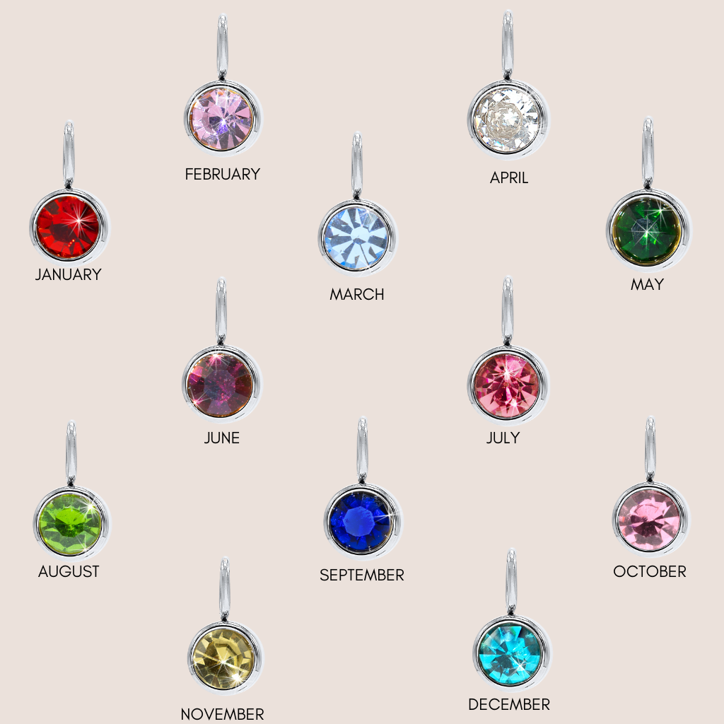 Silver birthstone charms showing the different birthstone colours