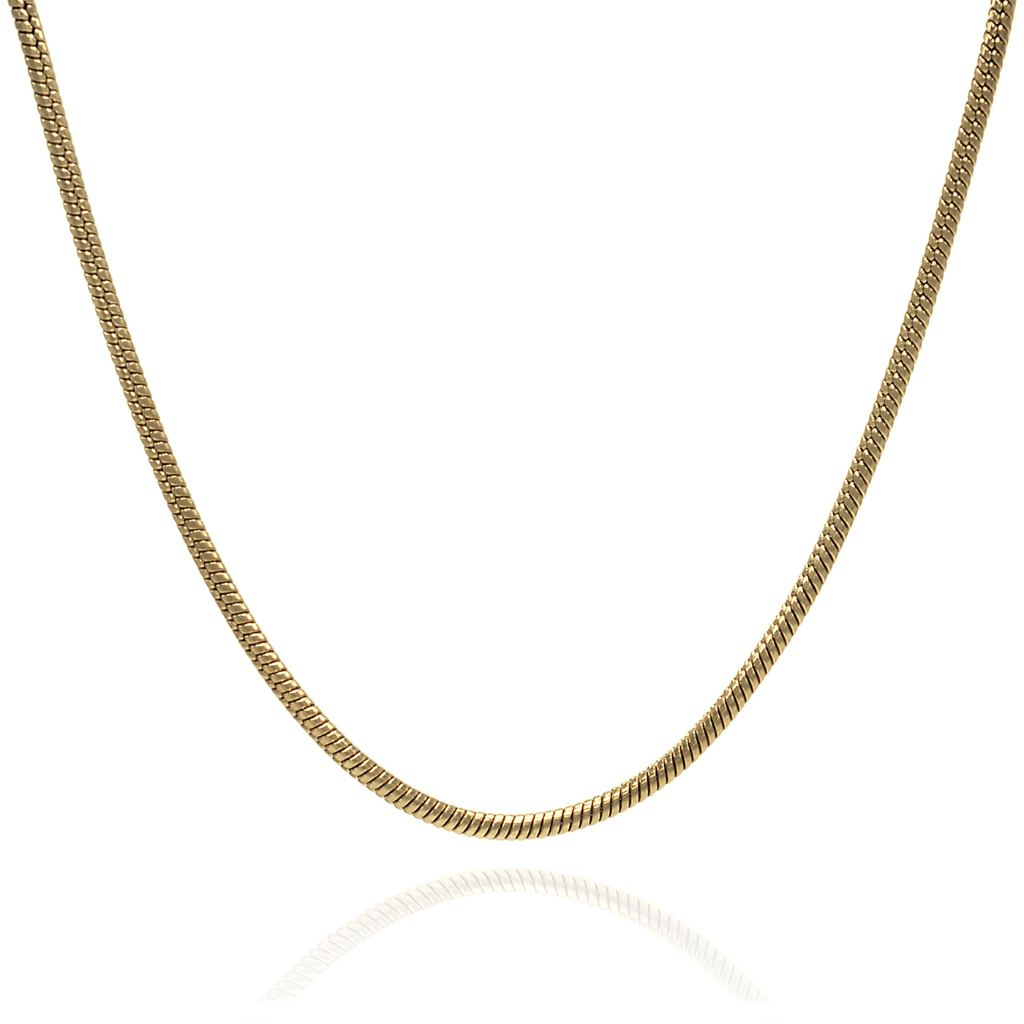 A gold-colored snake chain necklace with a length of 38cm plus a 5cm extender, displayed against a white background.