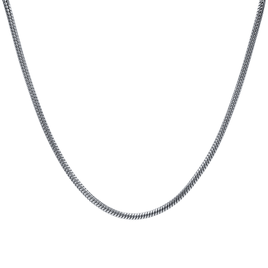 A silver-colored snake chain necklace with a length of 38cm plus a 5cm extender, displayed against a white background.